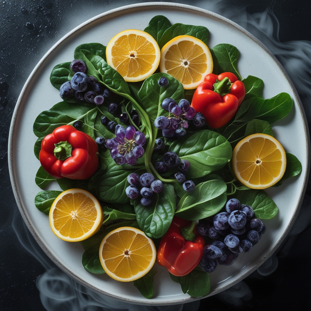 Overhead view of a vibrant arrangement of fresh seasonal vegetables and fruits including red peppers, citrus slices, leafy greens, and purple berries on a clean white ceramic surface with natural daylight
